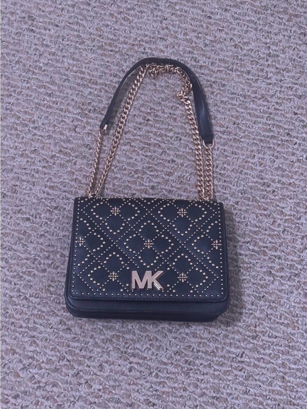 Michael Kors Black Quilted Studded Crossbody Bag with Gold Chain